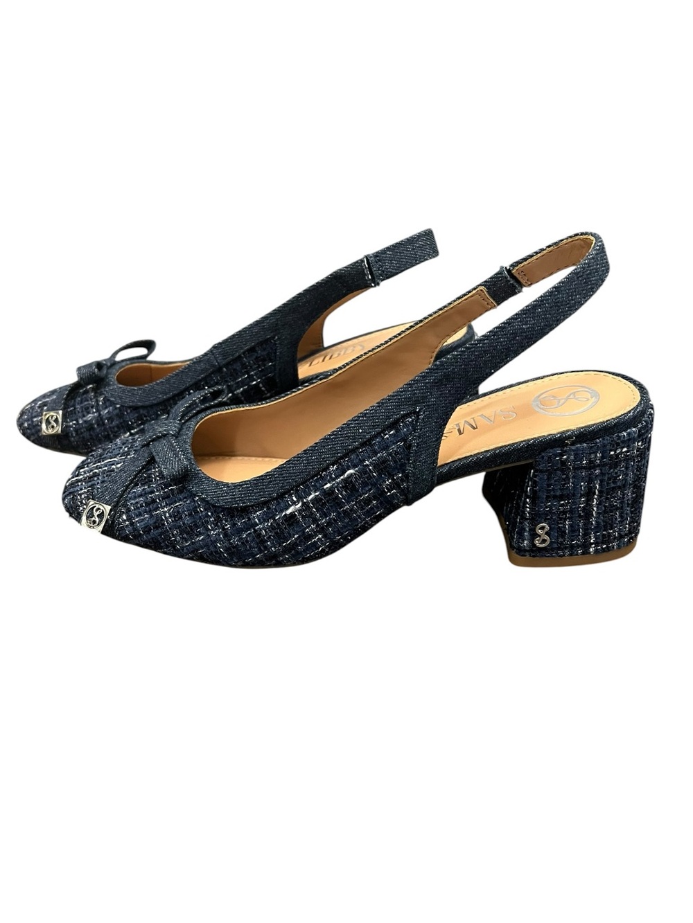 Sam & Libby Navy Tweed Slingback Pumps with denim Bows & trim sz 7.5 like new